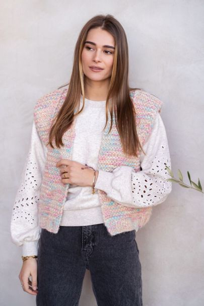 Multi-coloured chunky knit gilet with shoulder pads