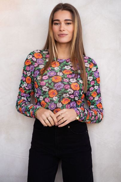 Top en maille transparente multicolore avec imprimé coquelicots