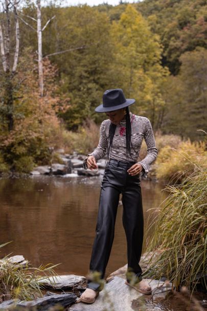 Black loose fit leather-look trousers