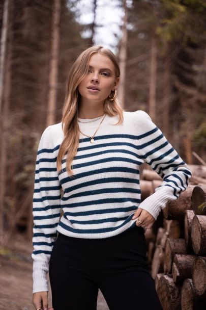 Mock neck sweater with blue stripes
