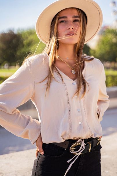 Beige lace drawstring blouse