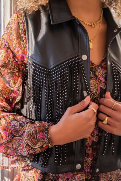 Leather look fringed gilet with studs