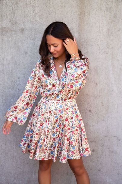White floral printed a-line dress with belt