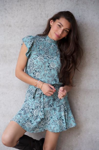 Blue floral print ruffle smock top 