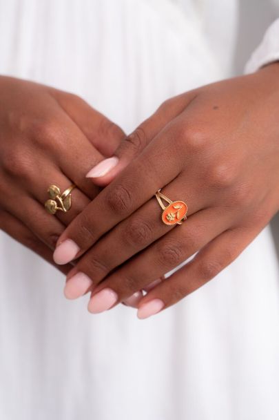 Art oranje statement ring met bloem