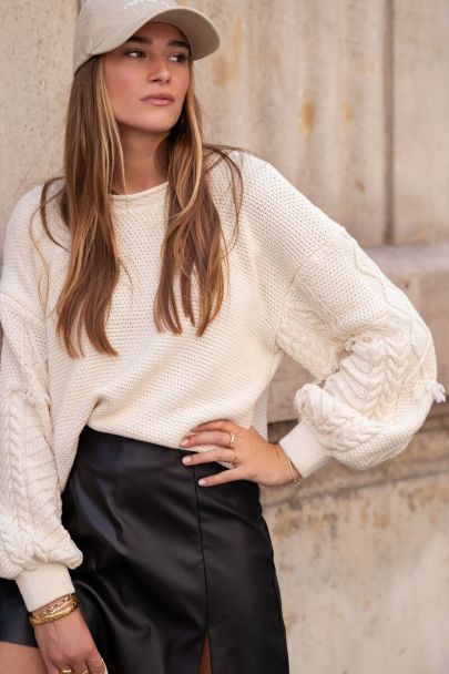 Beige sweater with jacquard sleeves