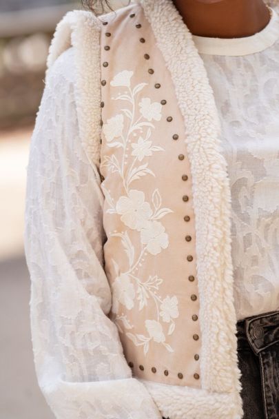 Beige teddy gilet with embroidery