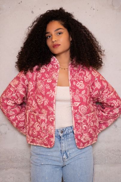 Veste kimono matelassé rose à fleurs