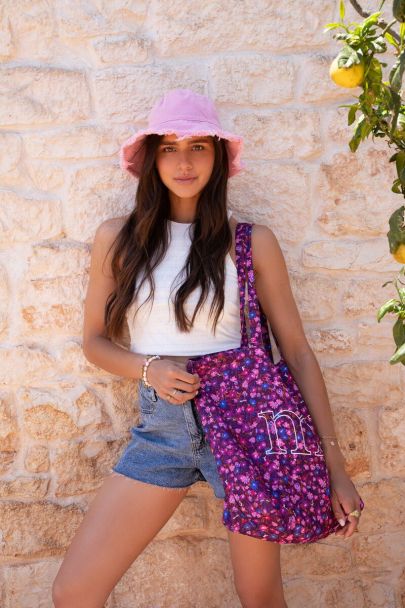 Purple tote bag with pink floral print