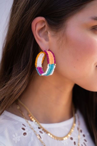 Multicoloured beaded hoop earrings