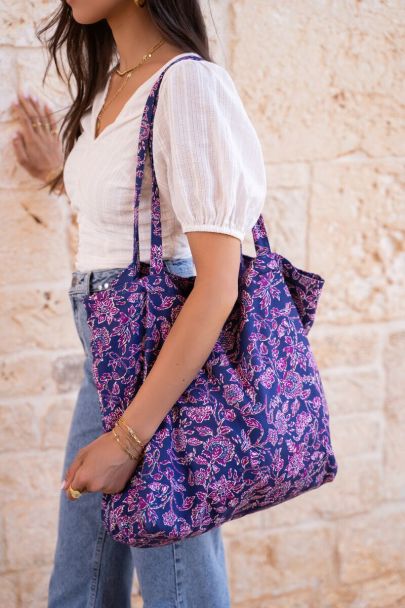 Blue tote bag with purple floral print