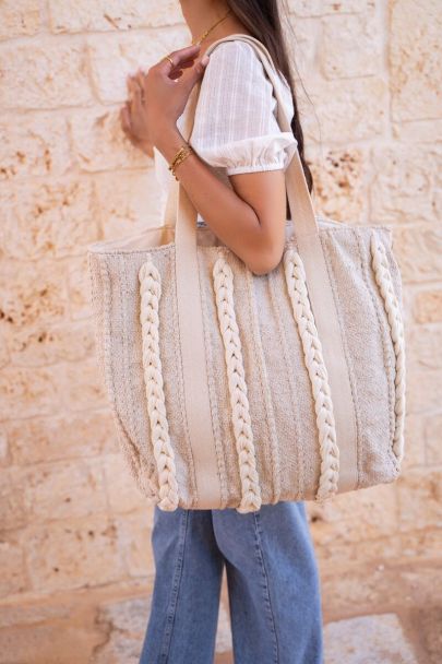 Beige shopper bag with braided details