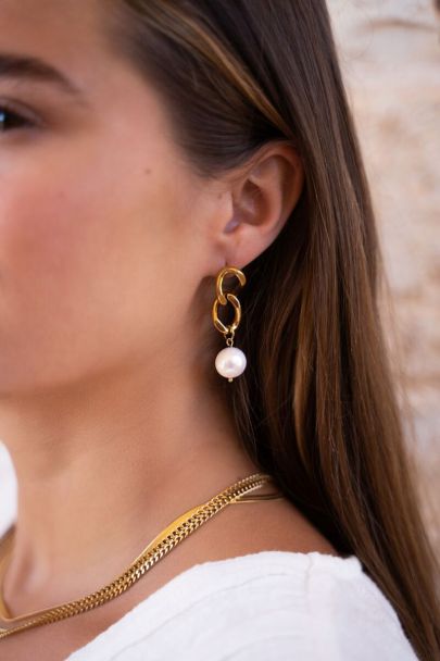 Drop earrings chain & pearl