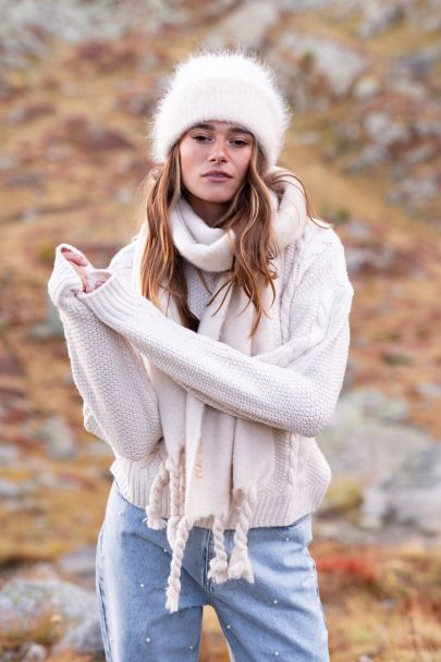 Beige cable knit sweater with texture