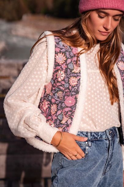 Veste sans manches teddy & denim fleuri