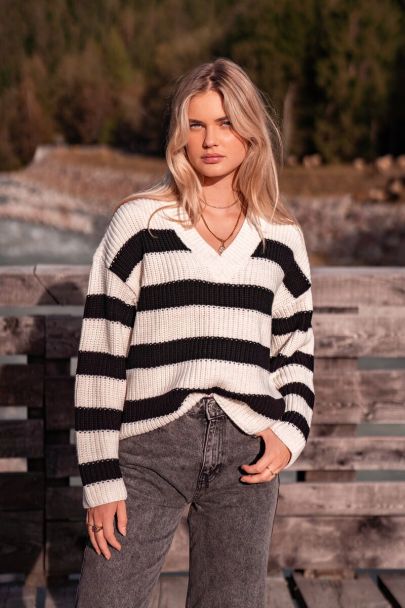 Striped V-neck sweater