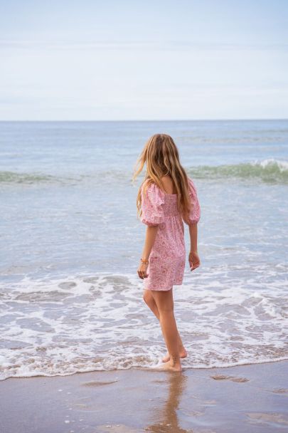 Pink paisley print dress with puff sleeves