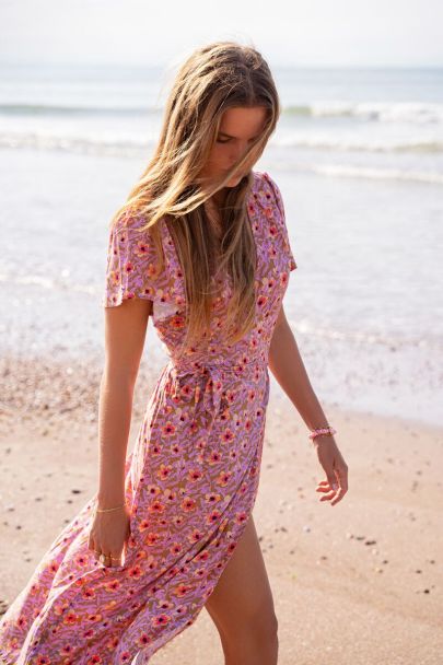 Green midi dress in lilac floral print