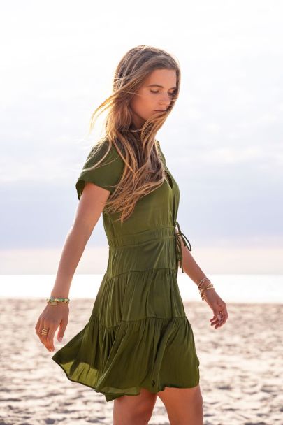 Green drawstring midi dress