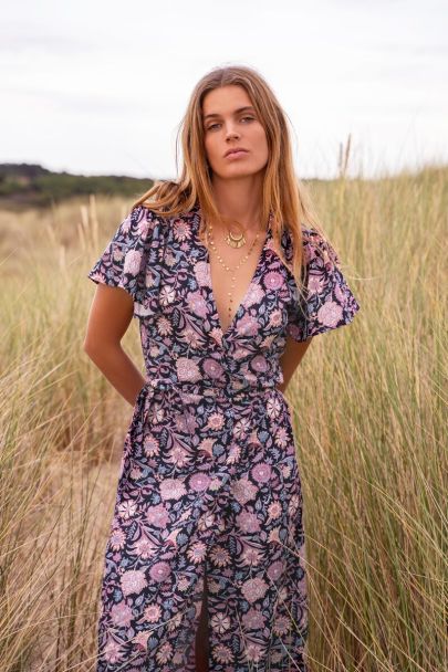 Black midi wrap dress with purple floral print