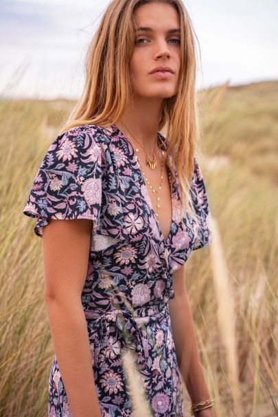 Black midi wrap dress with purple floral print