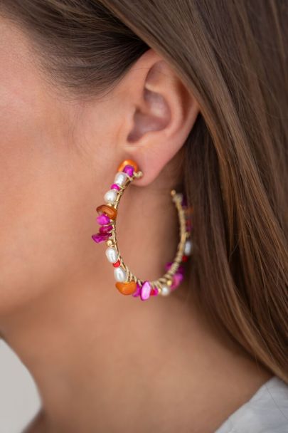 Art large hoop earrings with multicoloured stones & pearls