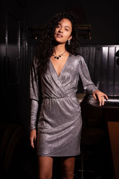 Silver metallic wrap dress with puff sleeves