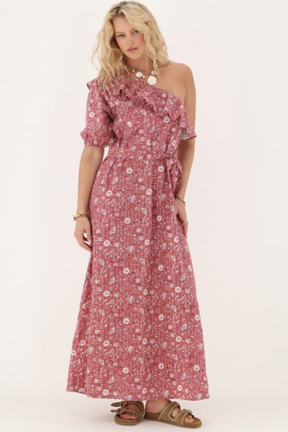 Pink one-shoulder maxi dress with floral print