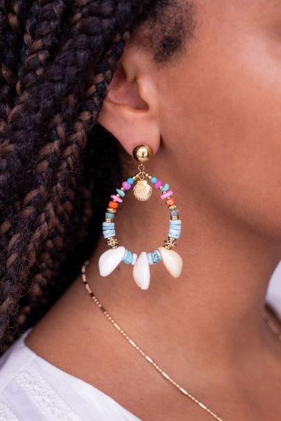 Art earring with blue beads and shells
