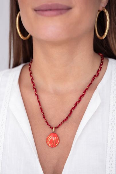 Art red braided cord necklace with shell