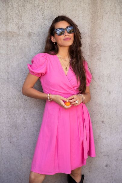 Pink puff sleeved wrap dress