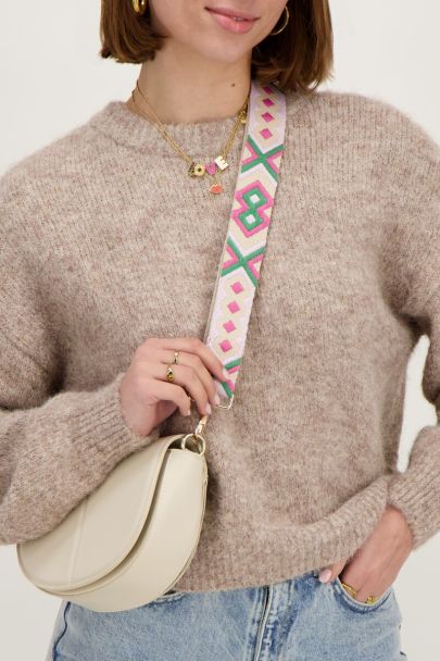 Beige bag strap met roze en groen