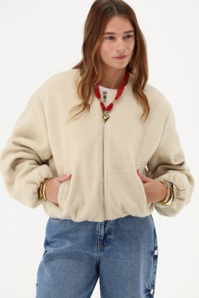 Beige bouclé bomber teddy jacket