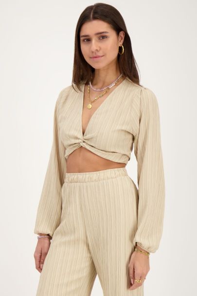 Beige crinkle crop top with knot detail