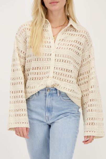 Beige crochet blouse with flared sleeves