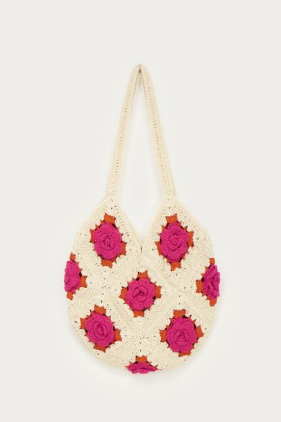 Beigefarbener Crochet-Shopper mit orangefarbenen und pinken Blumen