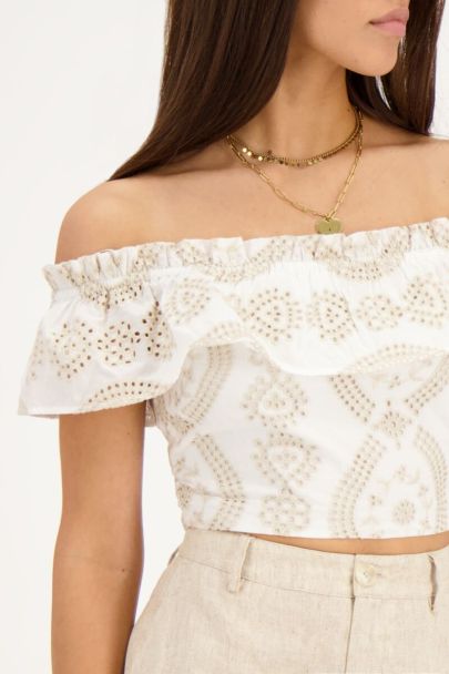 Top cropped beige avec broderie contrastée