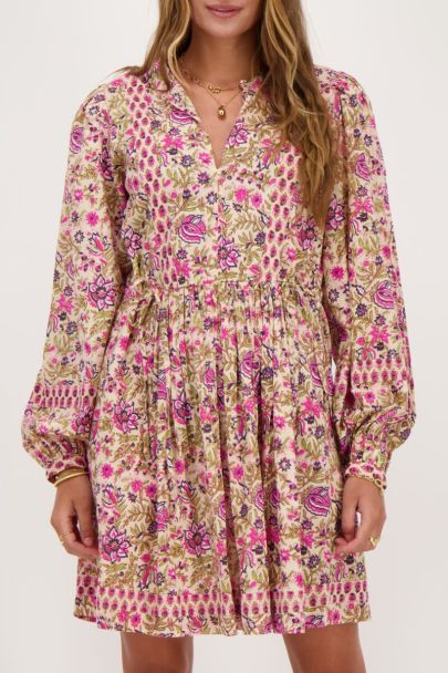 Robe beige à imprimé fleuri rose et vert