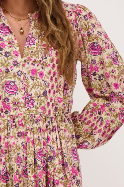 Robe beige à imprimé fleuri rose et vert