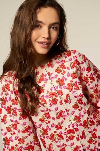 Beige jacquard floral top with long sleeves