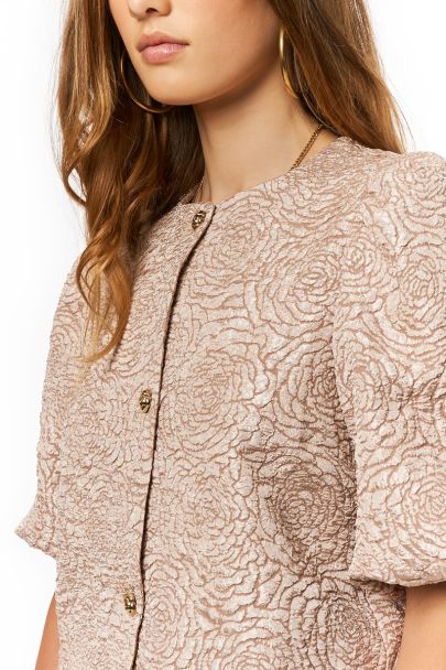 Beige jacquard top met rozen