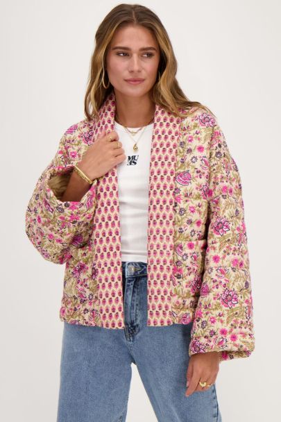 Beige kimono jacket with green and pink flower print