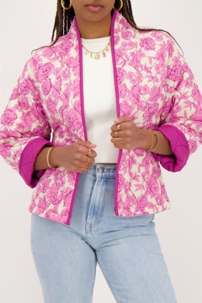 Beige kimono jacket with pink and purple floral print