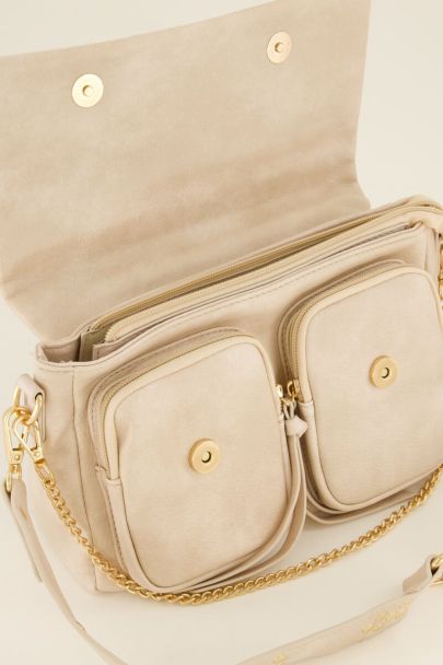 Beige shoulder bag with two pockets and gold details