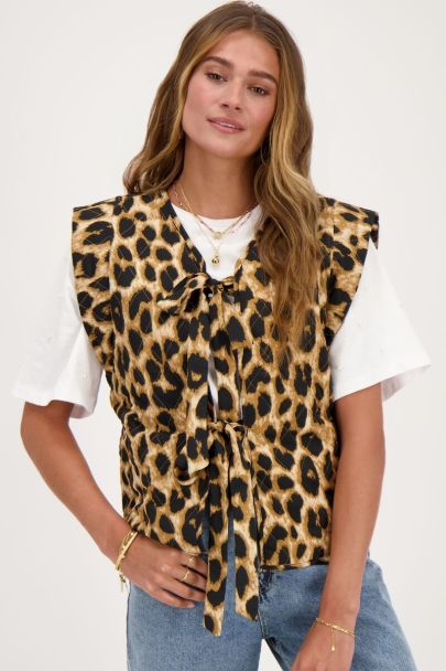Veste sans manches beige imprimé léopard avec nœuds