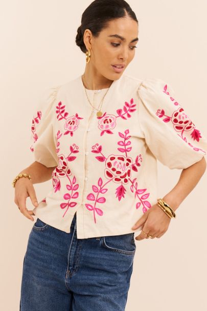 Beige linnen look top met roze embroidery