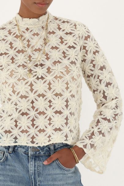 Beige mesh top with flowers