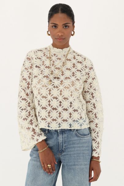 Beige mesh top with flowers