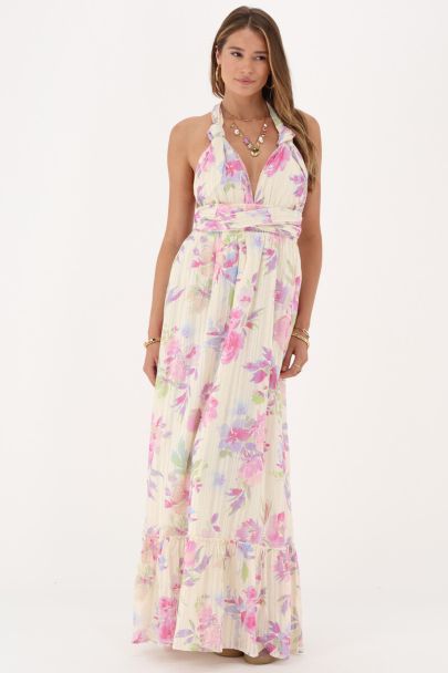 Beige multiway wrap maxi dress with multicolour flowers