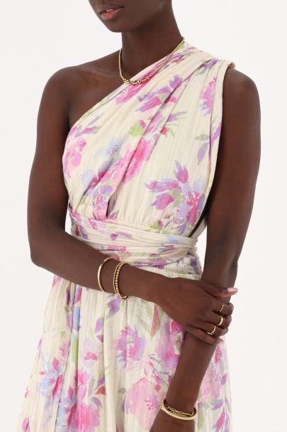 Robe longue beige à fleurs multicolores